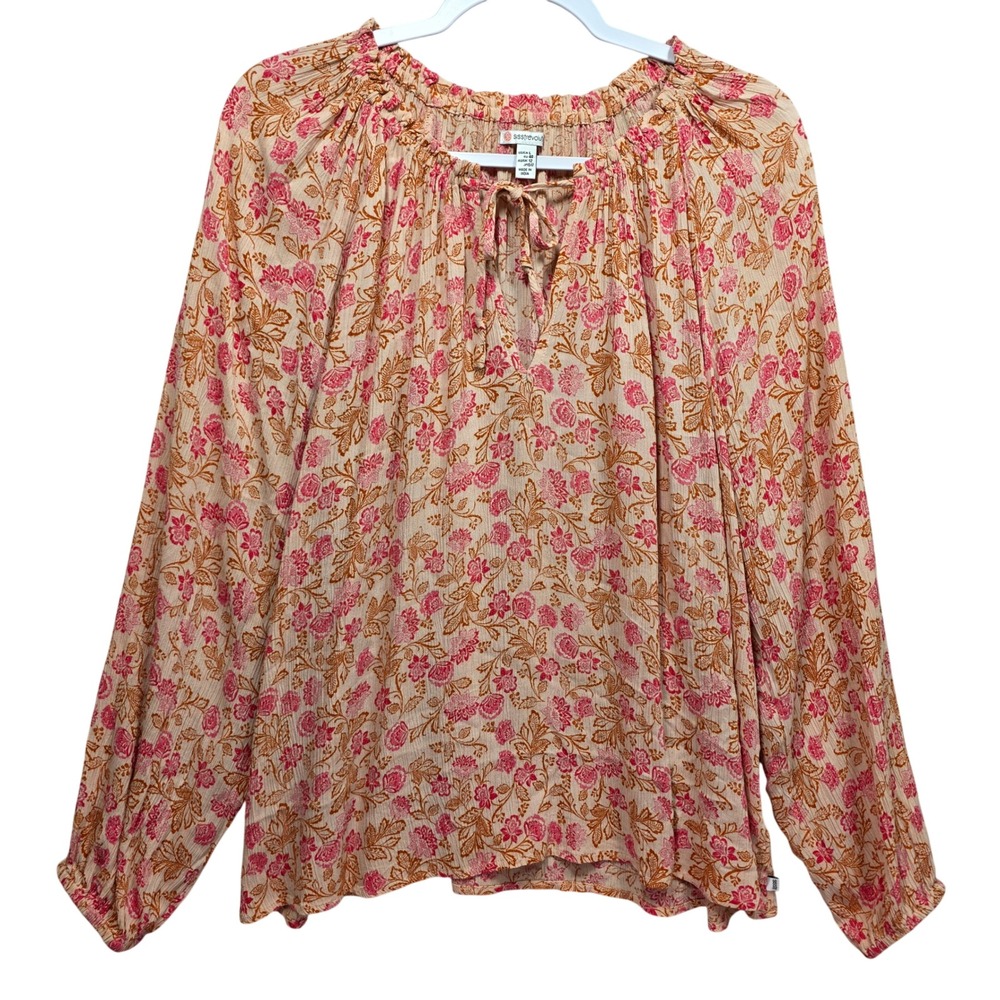 Sisstrevolution Floral Long‎ Sleeve Blouse Pink Tan Boho Keyhole Tie Top Large